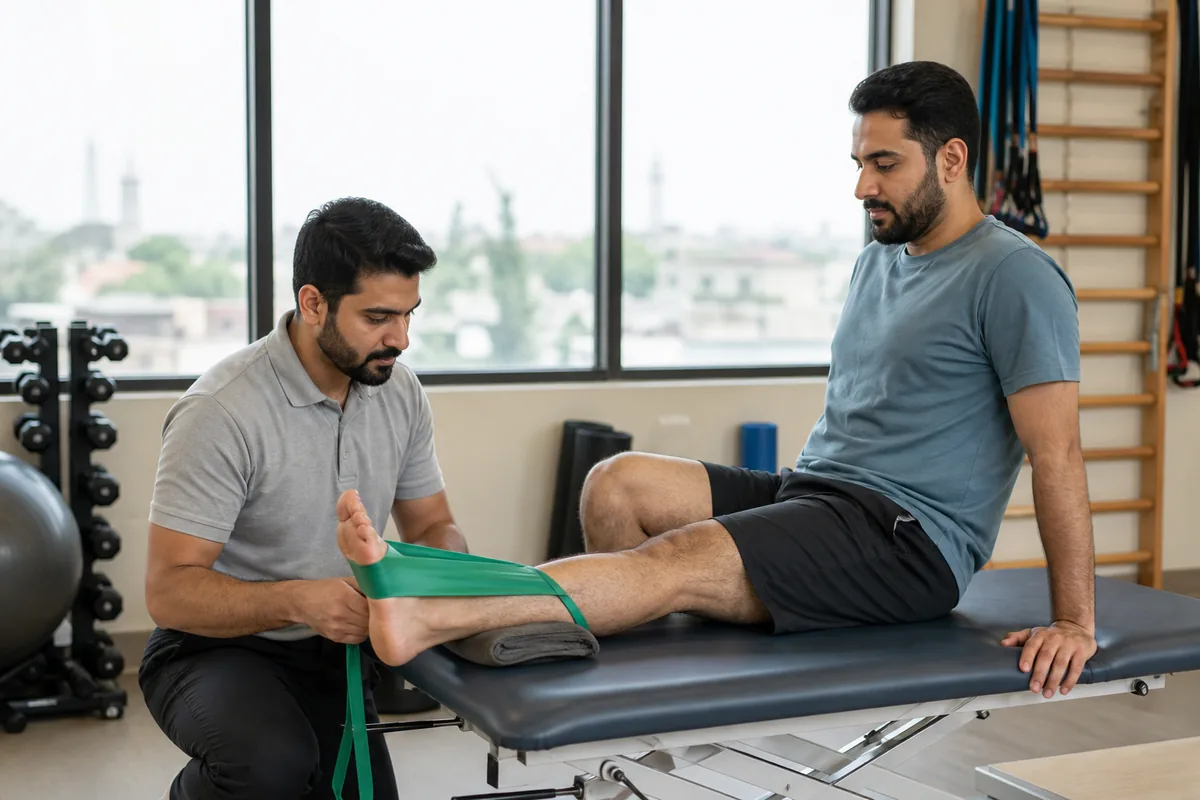 Male physiotherapist supporting a male patient during ankle sprain physiotherapy assessment and progressive rehabilitation at WHPT Pakistan in Bahria Town, Lahore