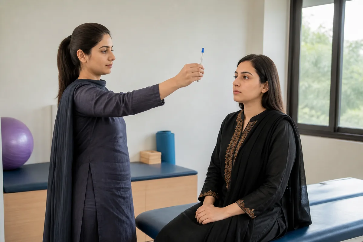 Female physiotherapist supporting a female patient during balance and vestibular rehabilitation return-to-activity planning at WHPT Pakistan in Bahria Town, Lahore