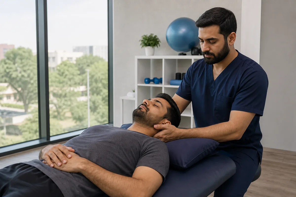 Male physiotherapist supporting a male patient during cervical spondylosis physiotherapy assessment and progressive rehabilitation at WHPT Pakistan in Bahria Town, Lahore