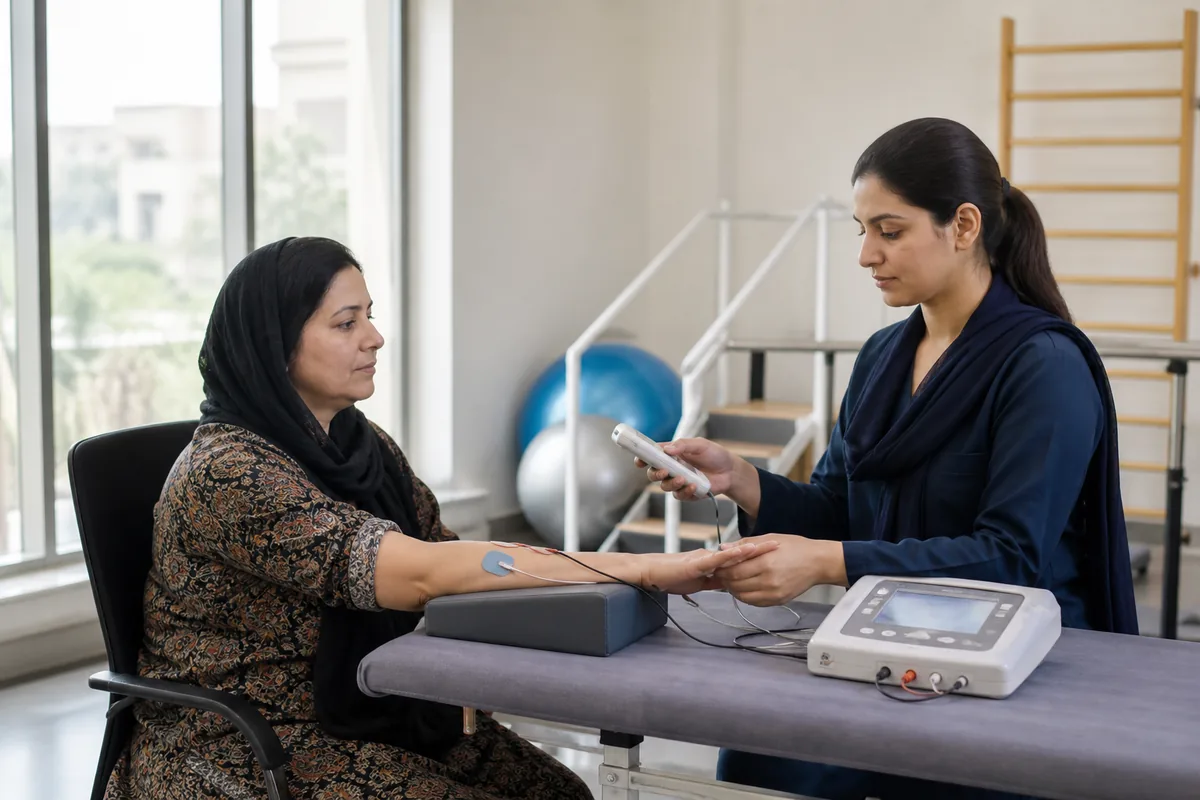 Female physiotherapist supporting a female patient during electrotherapy in physiotherapy supervised exercise at WHPT Pakistan in Bahria Town, Lahore