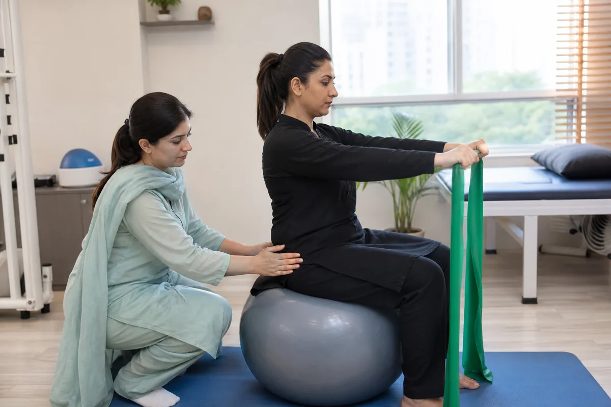 Female physiotherapist supporting a female patient during physiotherapy for women assessment and progressive rehabilitation at WHPT Pakistan in Bahria Town, Lahore
