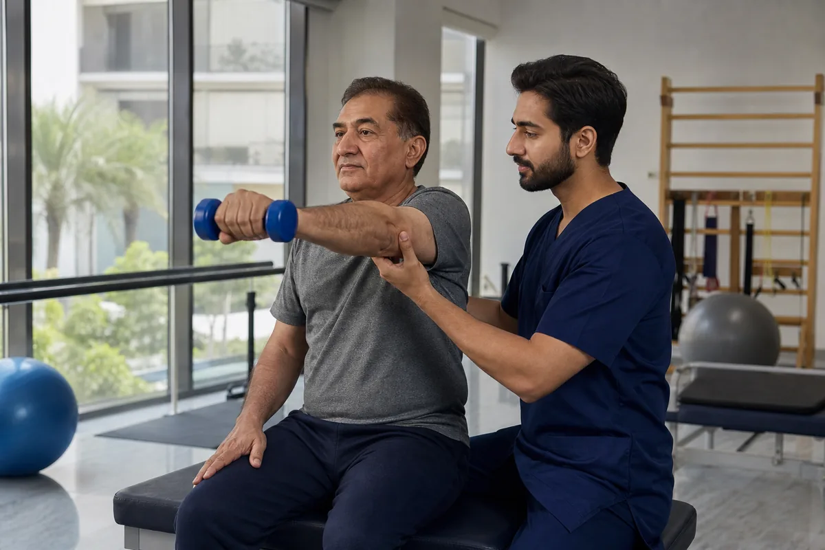 Male physiotherapist supporting a male patient during physiotherapy support for neurological patients assessment and progressive rehabilitation at WHPT Pakistan in Bahria Town, Lahore
