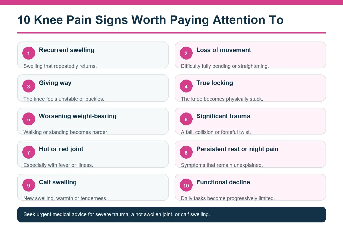 Infographic listing ten knee pain signs that deserve closer attention