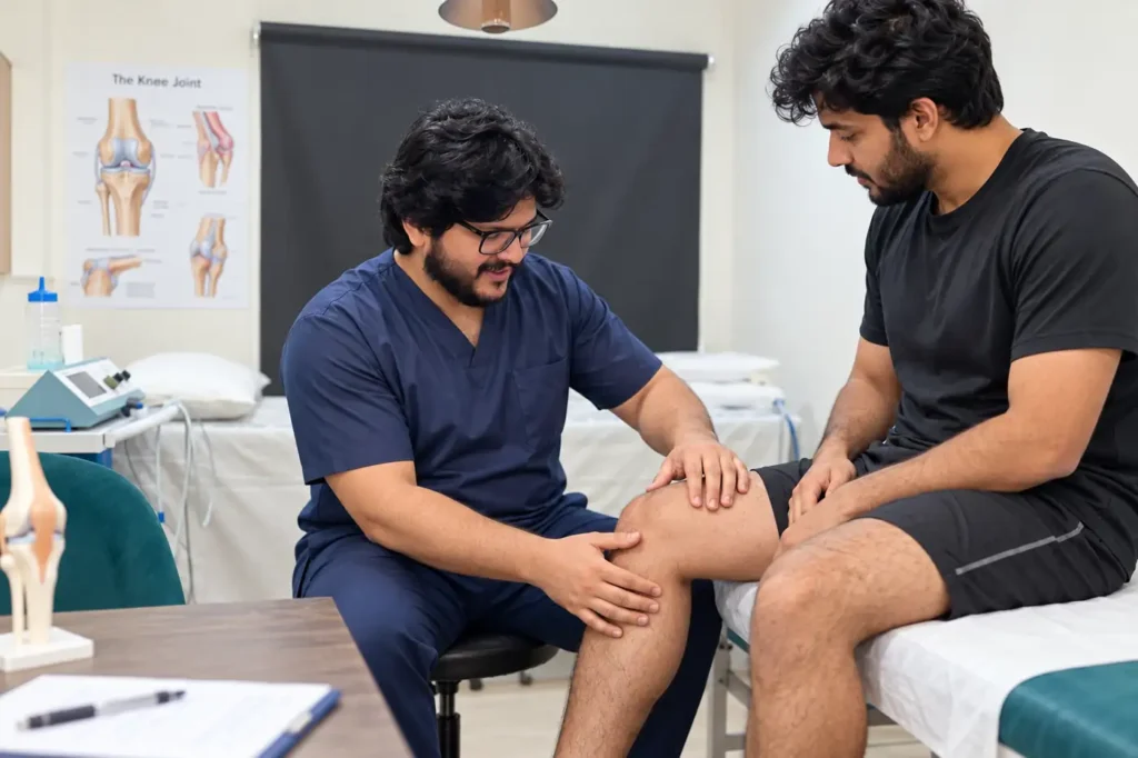 WHPT Pakistan physiotherapist assessing a patient with new knee pain and swelling