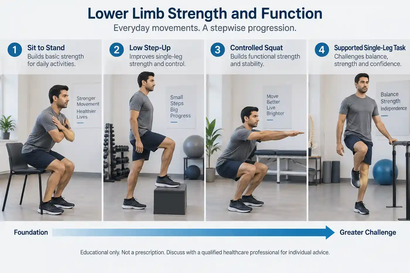 Four-panel knee rehabilitation progression collage from sit to stand to step down squat and single leg control