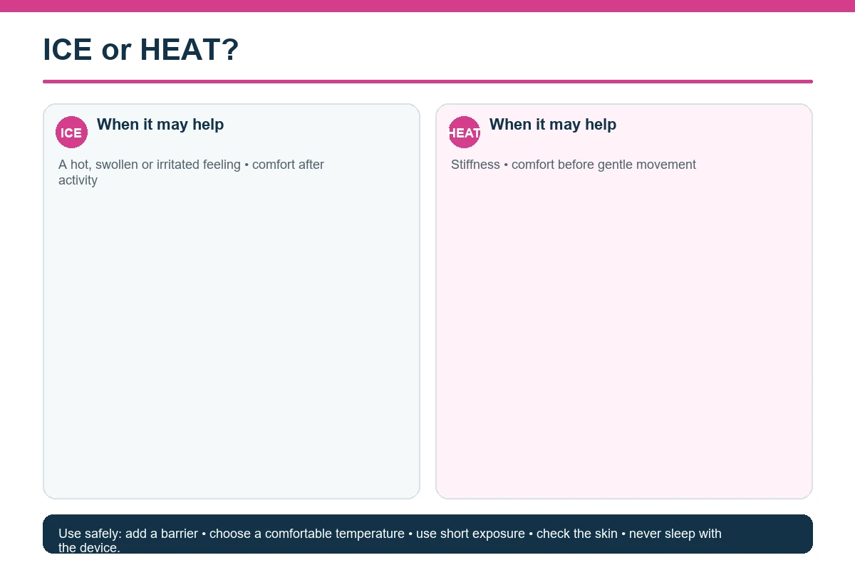 Heat vs Ice for Knee Pain Infographic showing when ice or heat may feel helpful for knee pain and key safety cautions