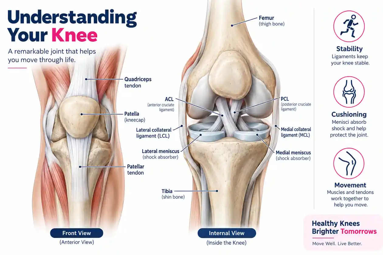 Knee Structures That Can Contribute to Pain Medical knee anatomy showing menisci, patella, articular surfaces and major ligaments