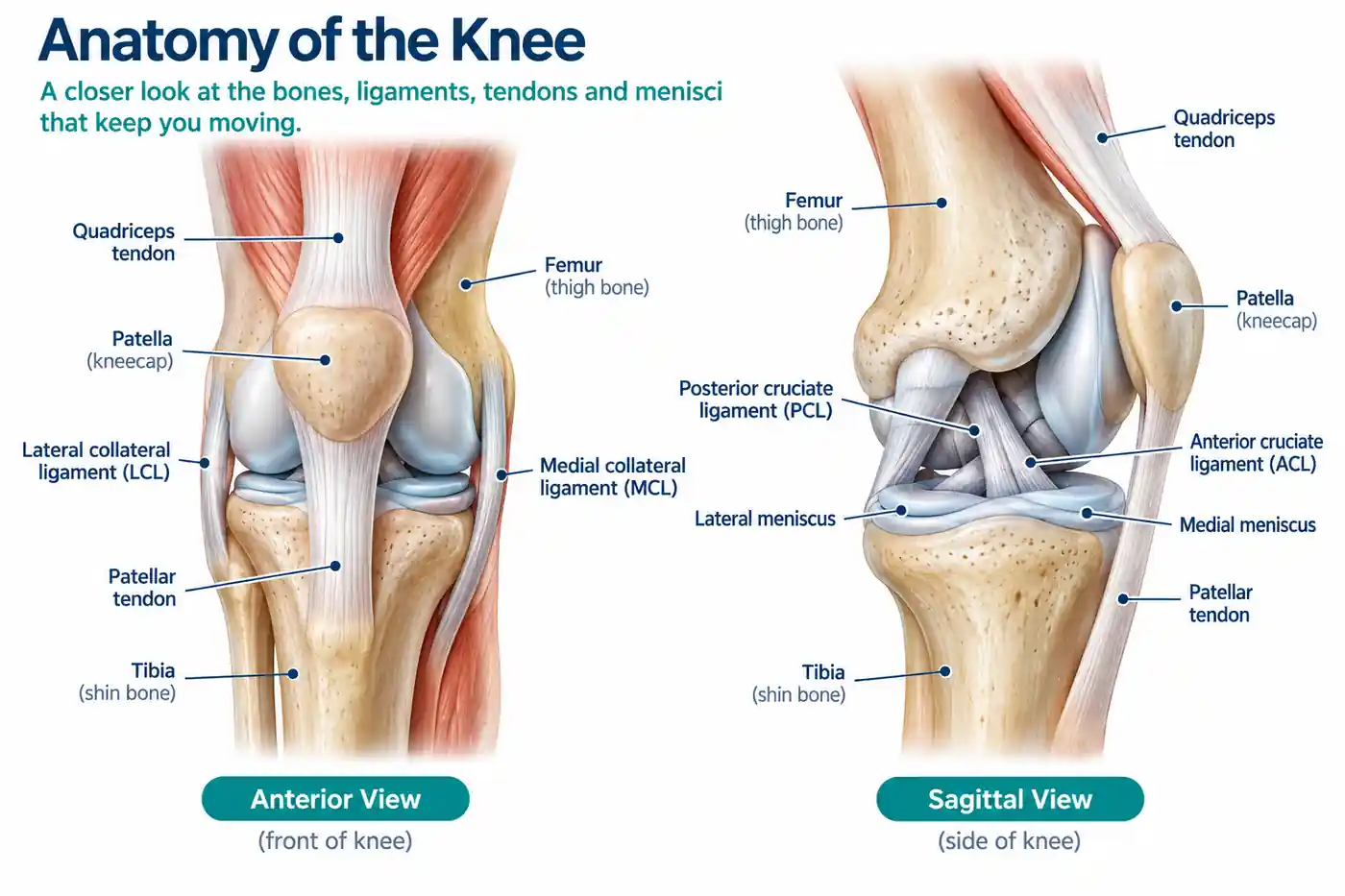 Medical knee anatomy reference showing patella menisci ligaments tendons femur and tibia