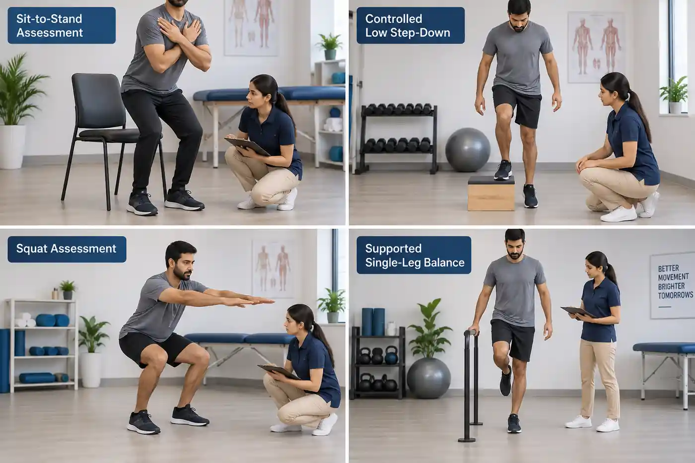 Four-panel knee assessment collage showing sit to stand step down squat and balance testing