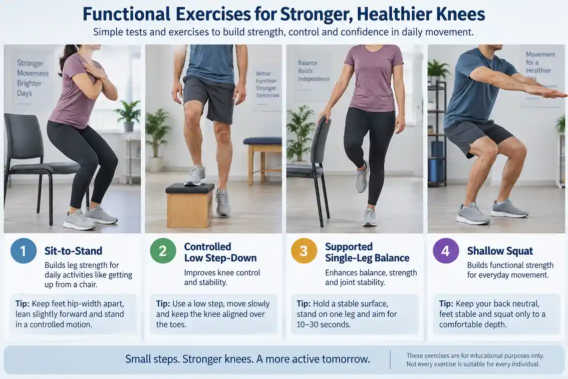 Knee Function and Rehabilitation Tasks Four-panel knee assessment and rehabilitation collage with sit to stand, step down, balance and squat tasks