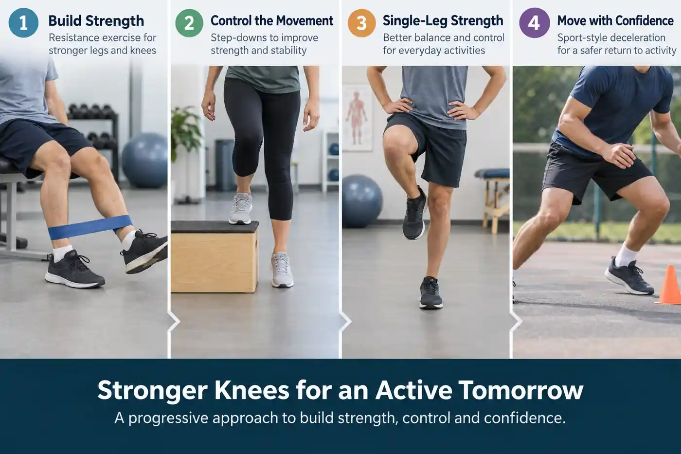 Four-panel knee exercise progression showing strength step control single leg work and sport preparation