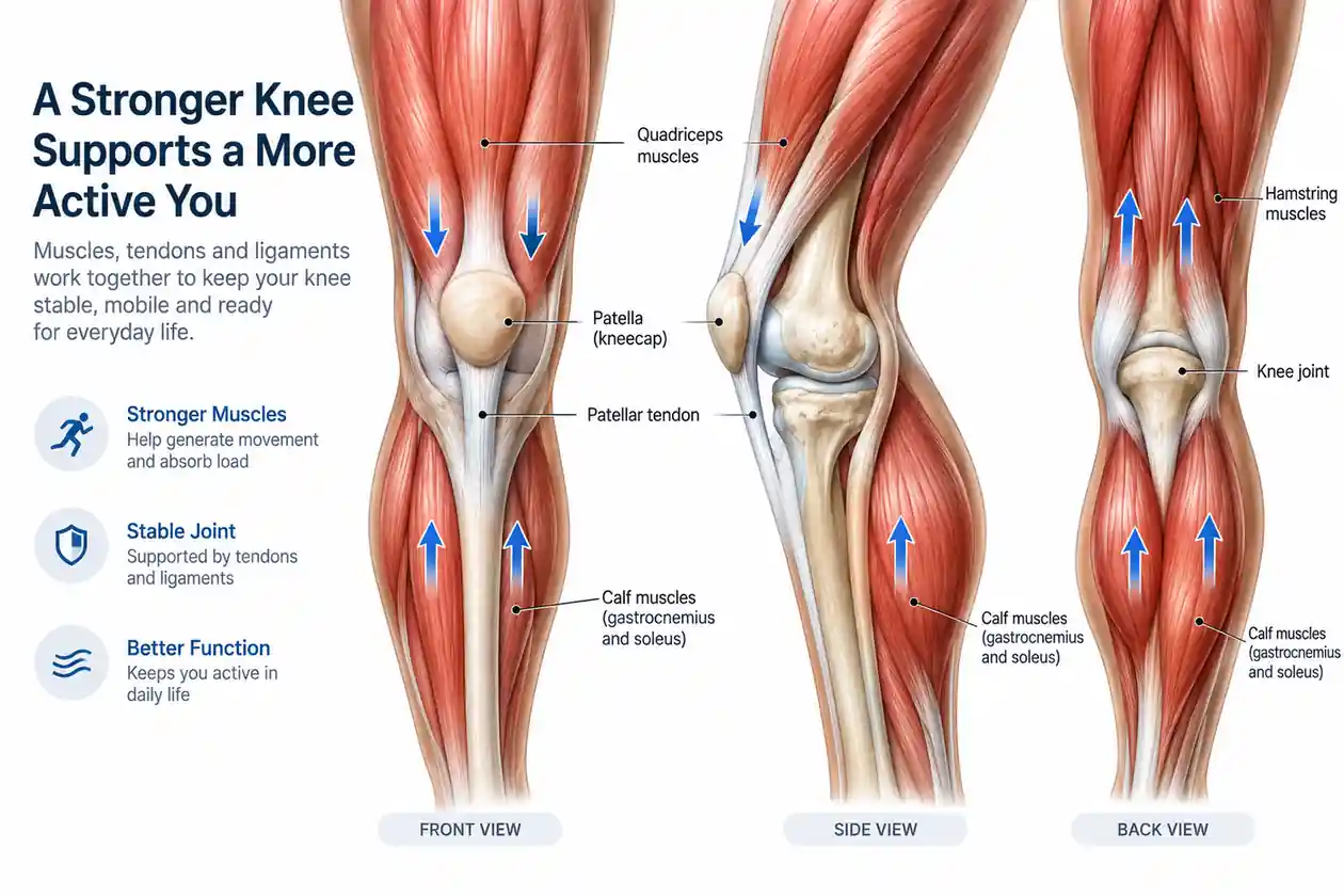 Knee anatomy and surrounding quadriceps hamstring and calf muscles involved in load tolerance