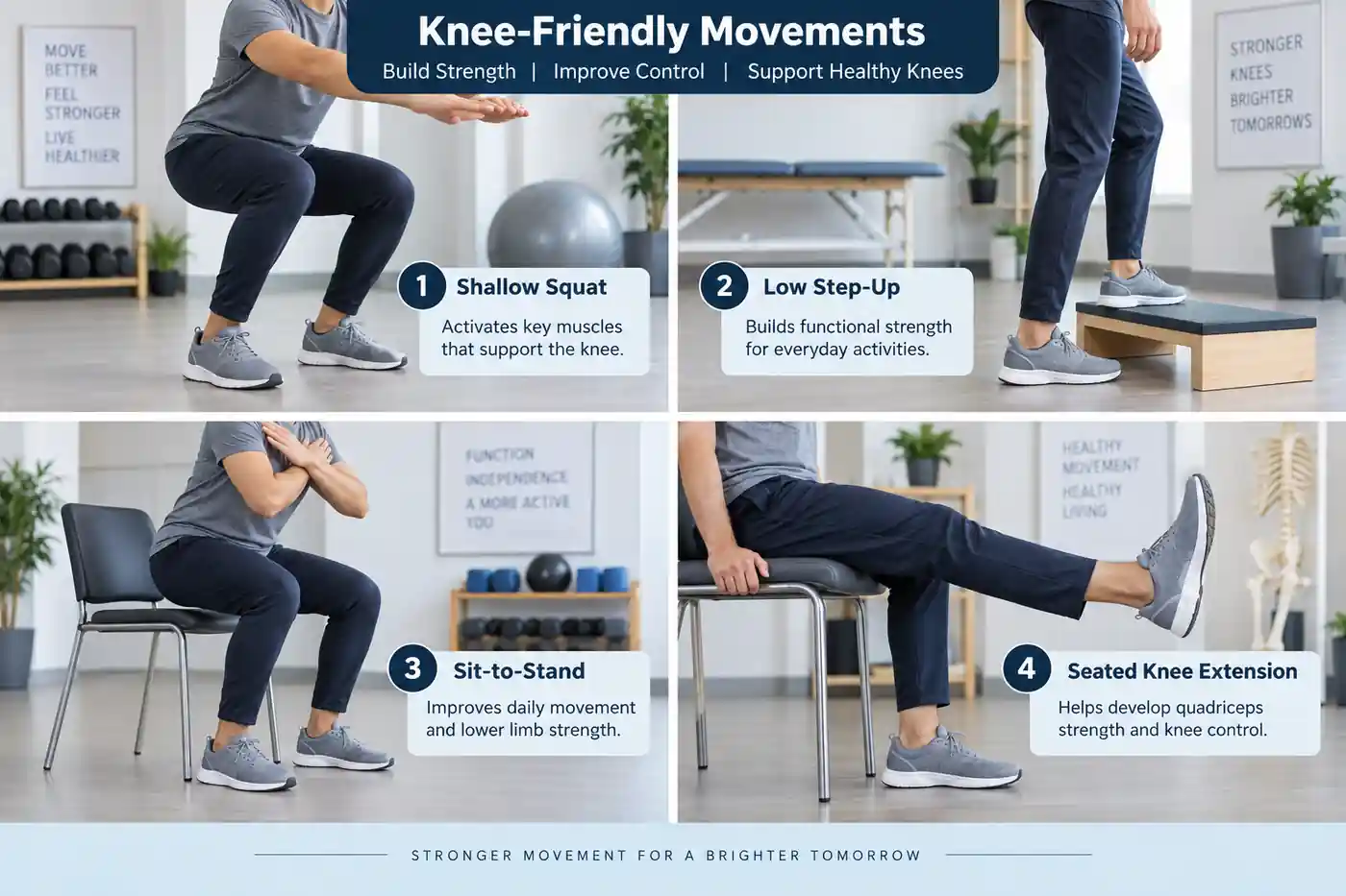 Four-panel collage showing squat, step up, sit to stand and knee extension movements with good control