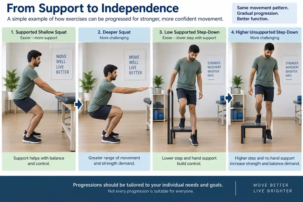 Knee Exercise Regression and Progression Four-panel collage showing exercise regression and progression for squat step and single leg training