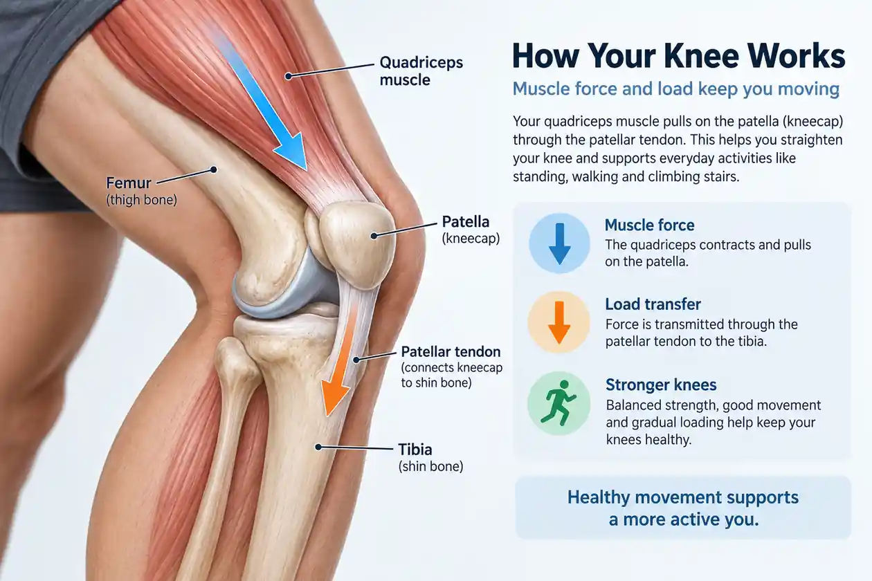 How the Knee Handles Movement and Load Knee anatomy showing joint patella quadriceps tendon and muscles involved in weight bearing movement