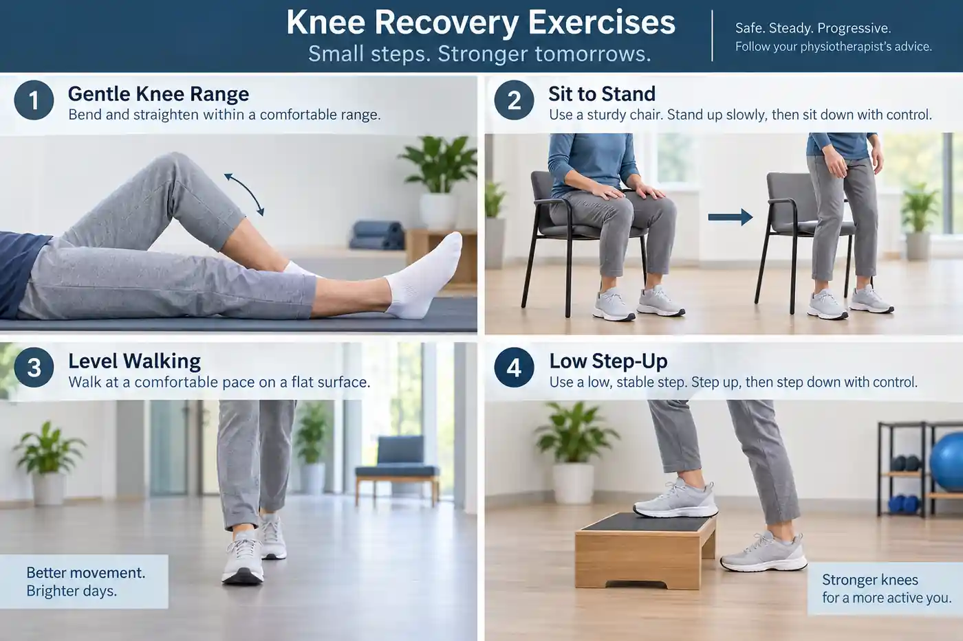 Move Beyond Symptom Relief Four-panel collage showing gentle knee movement sit to stand walking and step exercise after symptom management