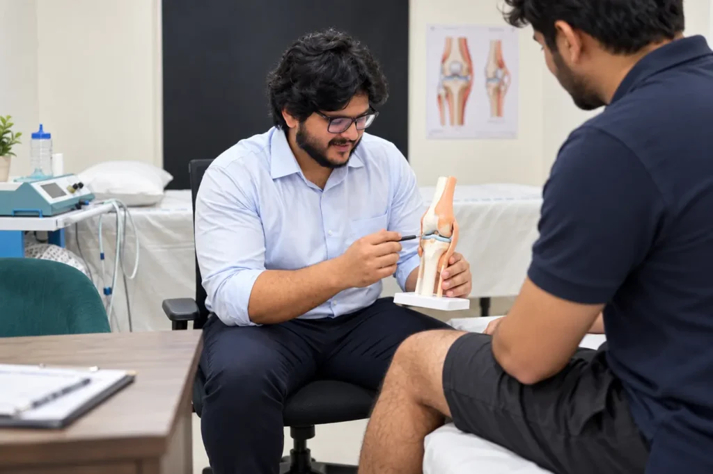 Patient discussing different possible causes of knee pain with a WHPT Pakistan physiotherapist