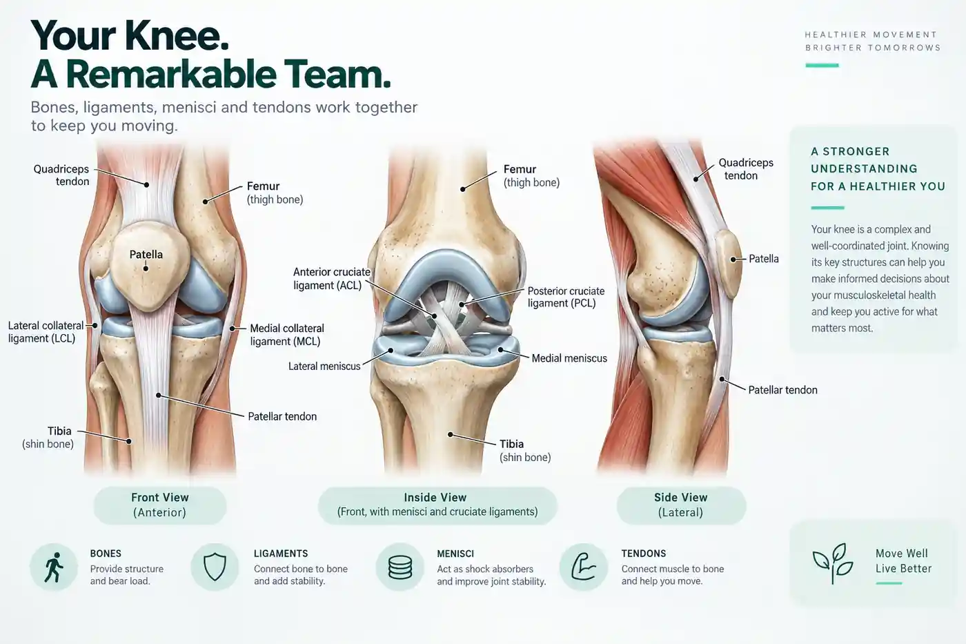 Knee anatomy overview showing joint surfaces menisci ligaments patella and tendons