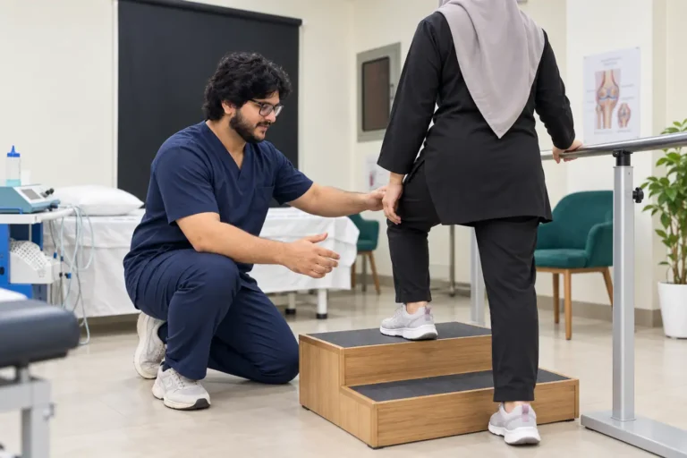Patient experiencing knee pain while using a step during physiotherapy at WHPT Pakistan in Bahria Town Lahore