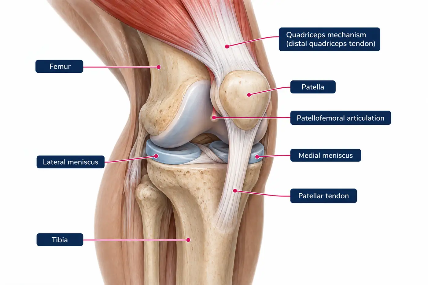 Knee anatomy showing the patella patellofemoral joint femur tibia menisci and quadriceps mechanism