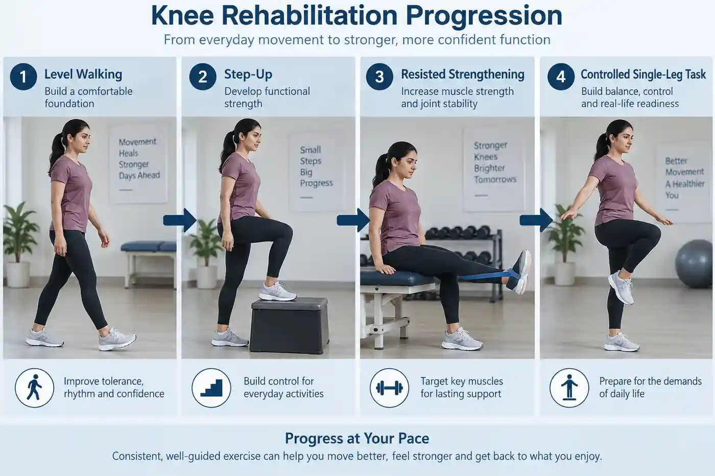 Four-panel knee recovery milestone collage showing walking step up strength and single leg control
