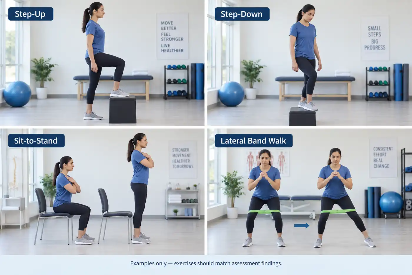 Four-panel knee rehabilitation exercise collage showing step-up step-down sit-to-stand and lateral band walking