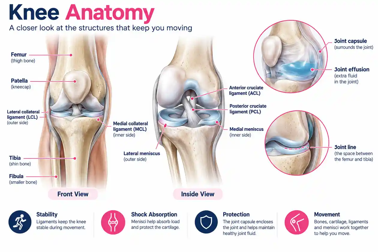 Knee anatomy showing the joint capsule, menisci, major ligaments and areas where swelling may appear