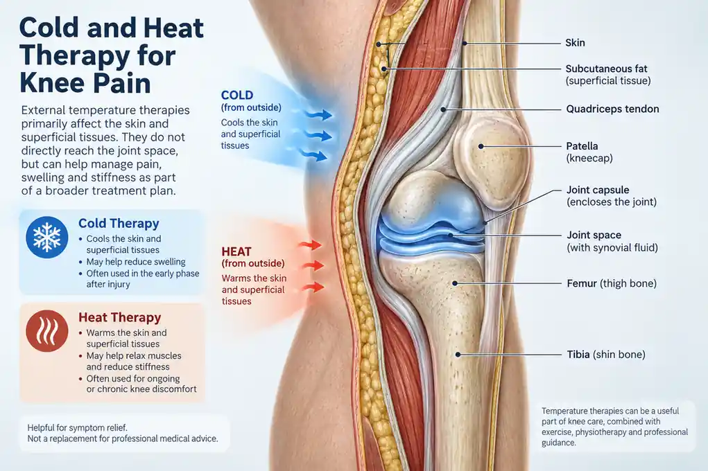 Knee Swelling and Superficial Temperature Treatments Knee anatomy illustration showing joint capsule superficial tissues and area where swelling may collect