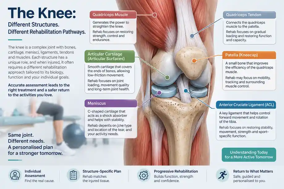 Knee anatomy showing menisci ligaments cartilage patella and tendons that have different recovery pathways
