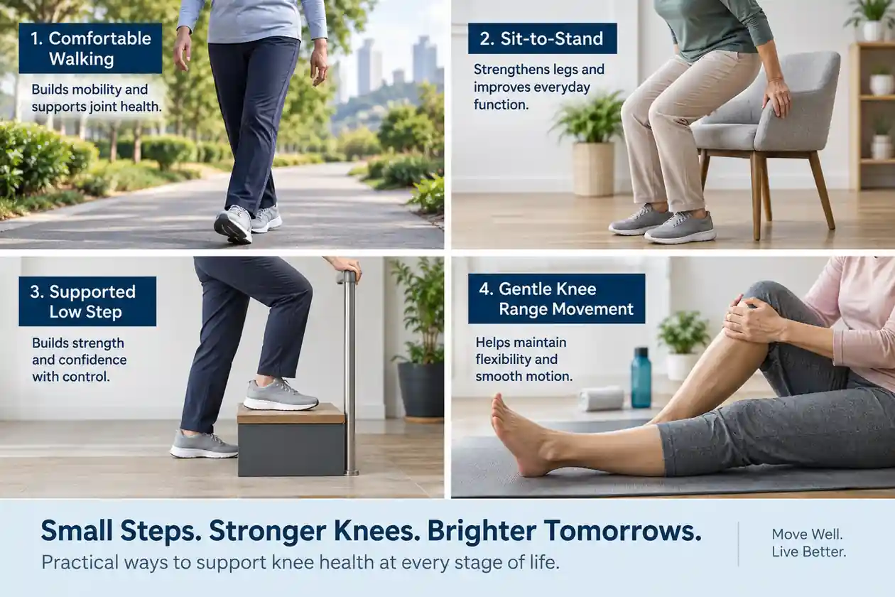 Four-panel collage showing modified walking chair rise supported step and gentle knee movement