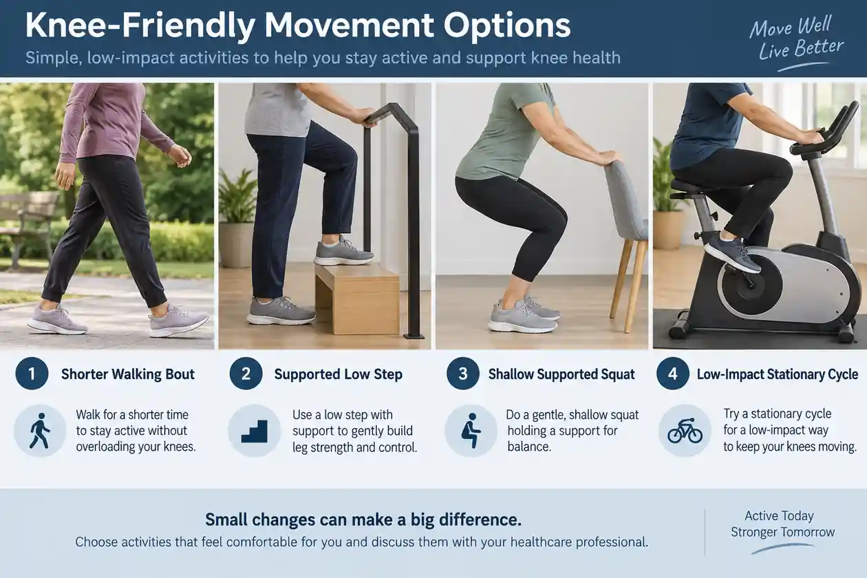 Ways to Modify Knee Loading Four-panel collage showing modified walking supported step squat and low impact exercise for knee pain