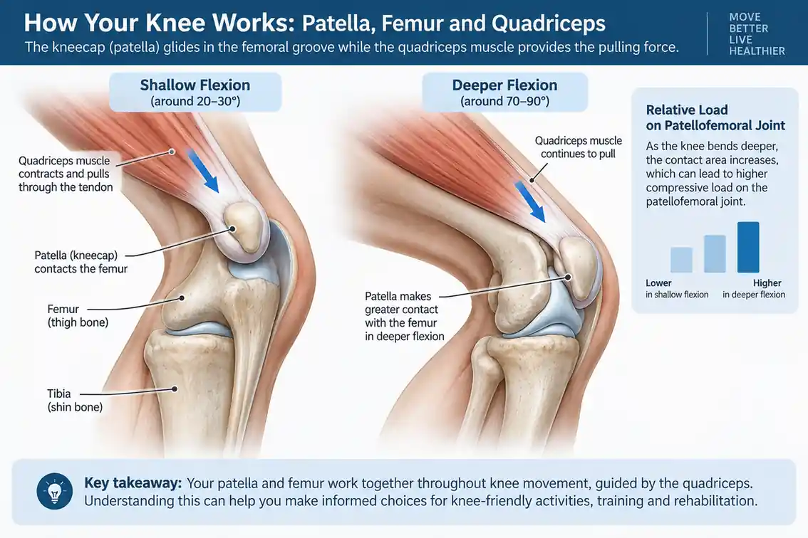 Knee Flexion Changes Patellofemoral Load Knee anatomy illustration showing patellofemoral joint during shallow and deeper knee flexion