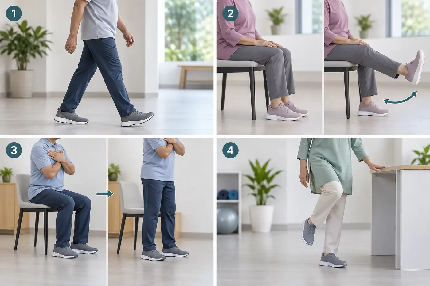 Four-panel collage of gentle knee movement, walking, sit to stand and supported balance