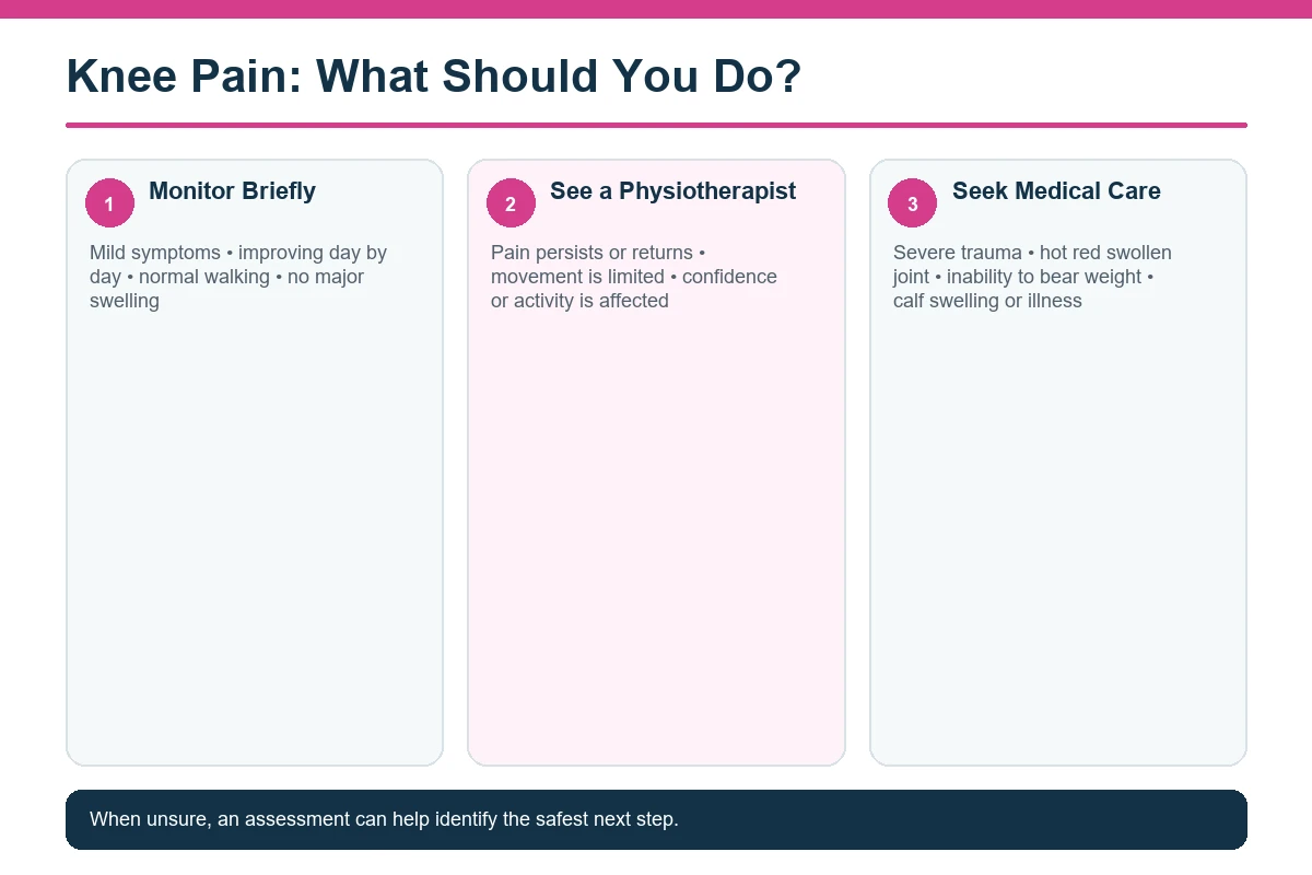 Decision infographic showing when to monitor knee pain when to see a physiotherapist and when to seek urgent medical care
