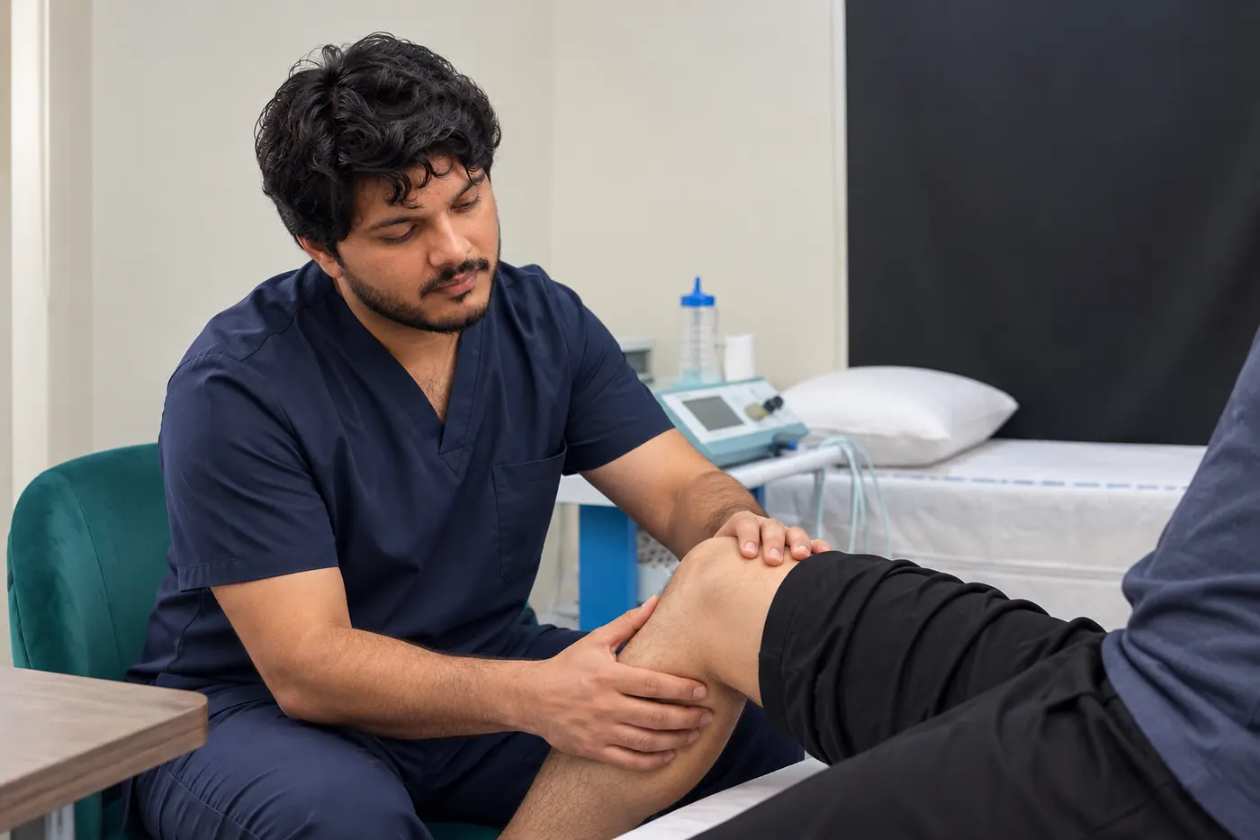 WHPT Pakistan physiotherapy team member in the real clinic for knee pain assessment in Bahria Town Lahore
