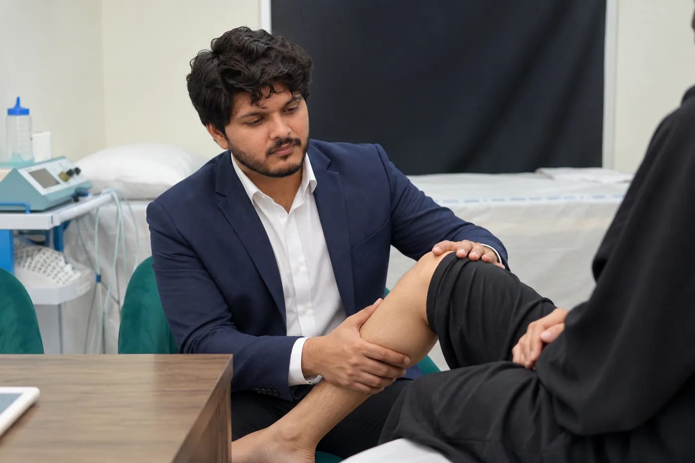 WHPT Pakistan physiotherapist in Bahria Town Lahore discussing knee symptoms with a patient
