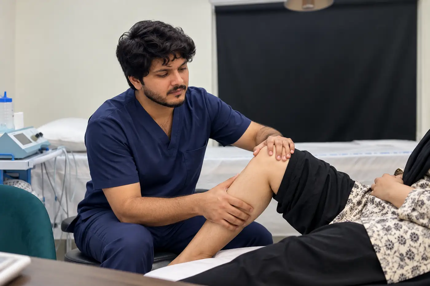 WHPT Pakistan physiotherapist in the Bahria Town Lahore clinic assessing knee movement