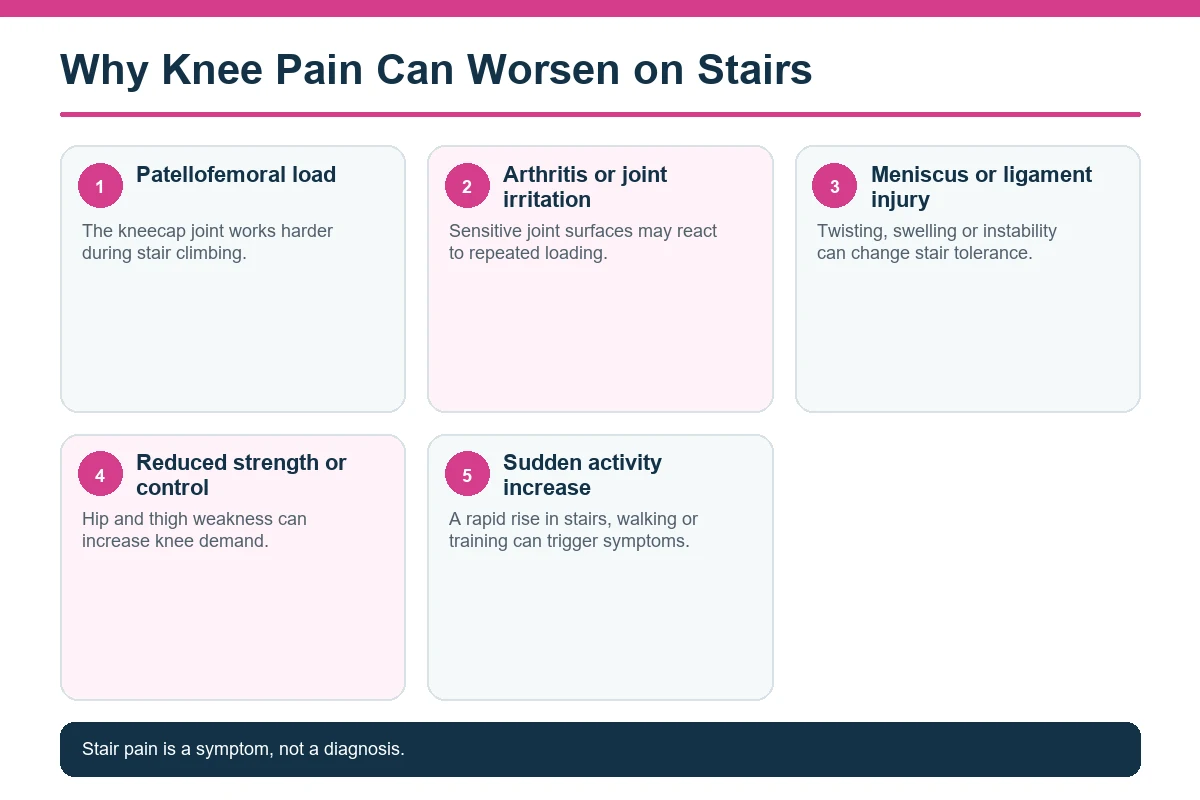 Infographic explaining common reasons knee pain can worsen when climbing or descending stairs