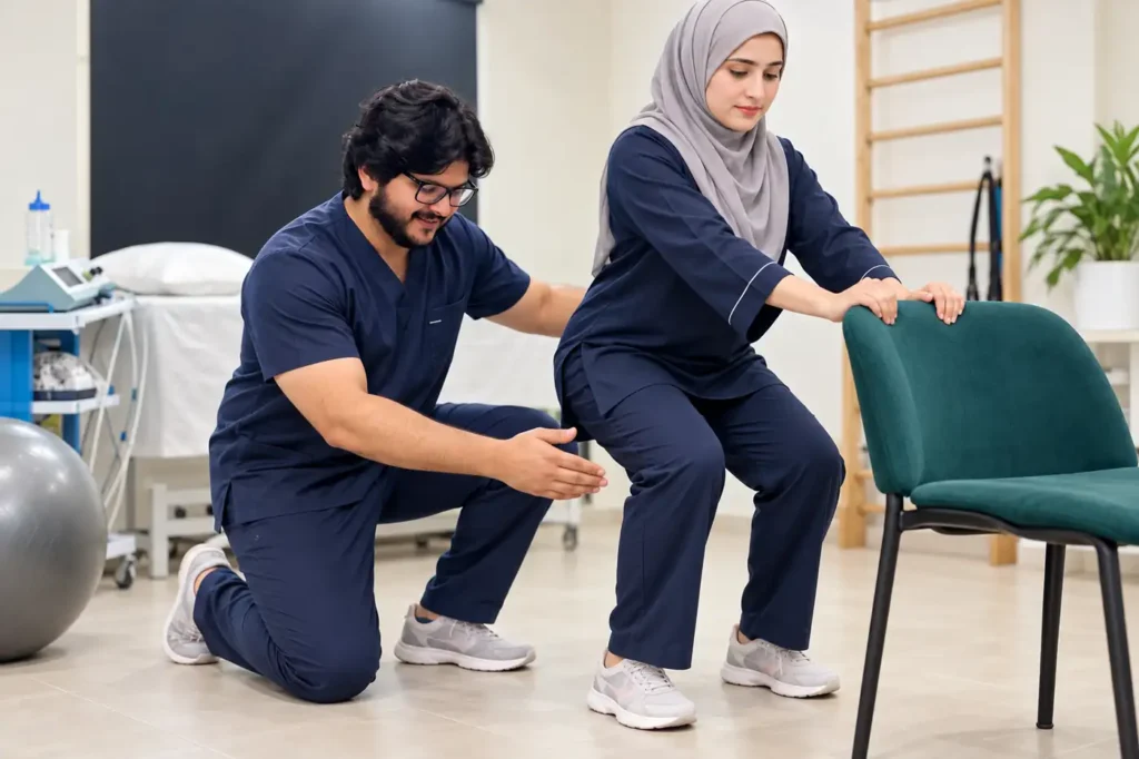 WHPT Pakistan physiotherapist modifying a knee exercise for a patient