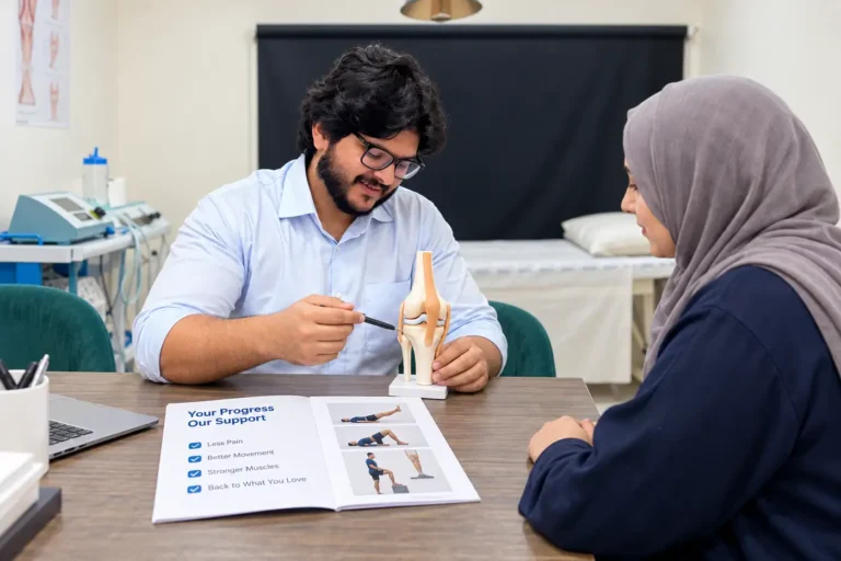 WHPT Pakistan physiotherapist discussing knee recovery milestones with a patient