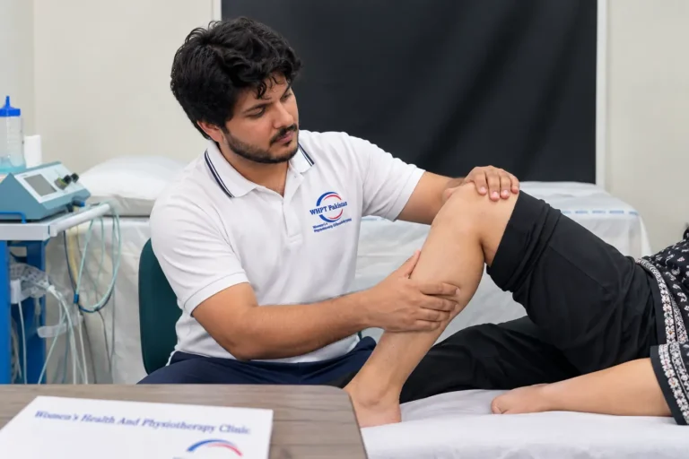 WHPT Pakistan physiotherapist performing a knee assessment in the real Bahria Town Lahore clinic