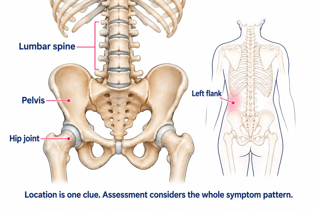 Illustration showing the lumbar spine, hip and left flank region