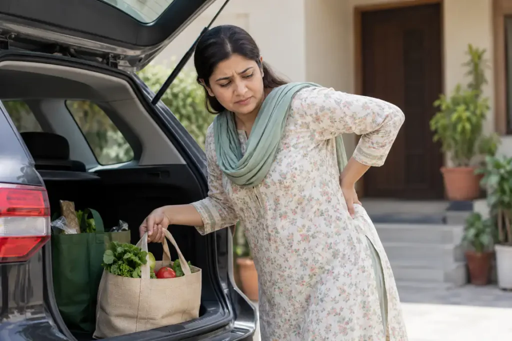 Adult handling shopping bags with one hand resting near the left lower back