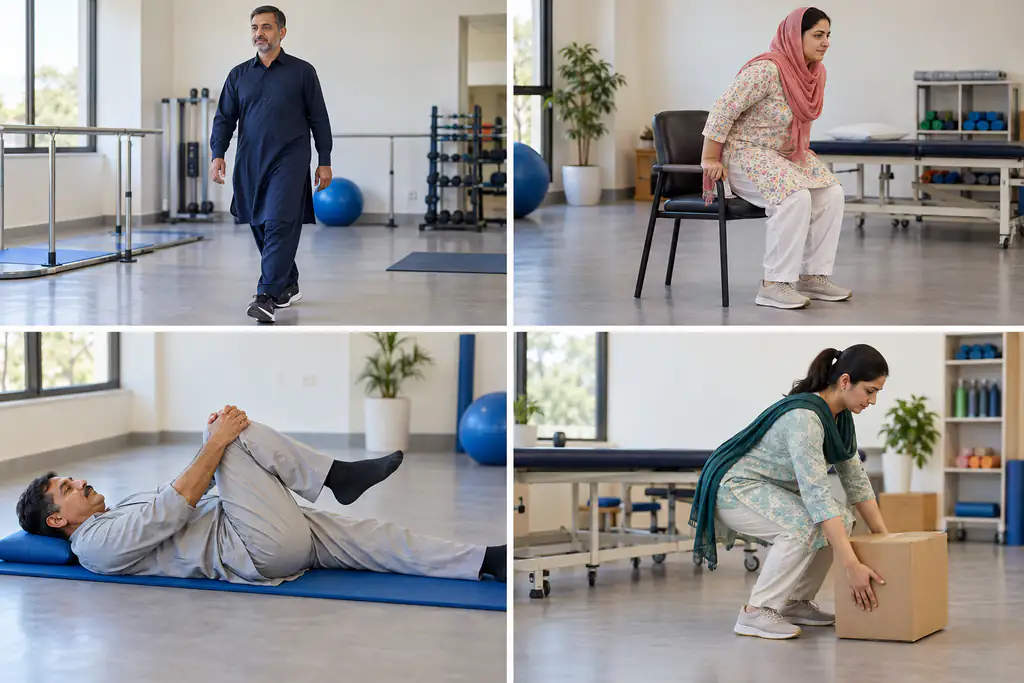 Four-panel collage of walking, chair rise, hip movement and controlled lifting