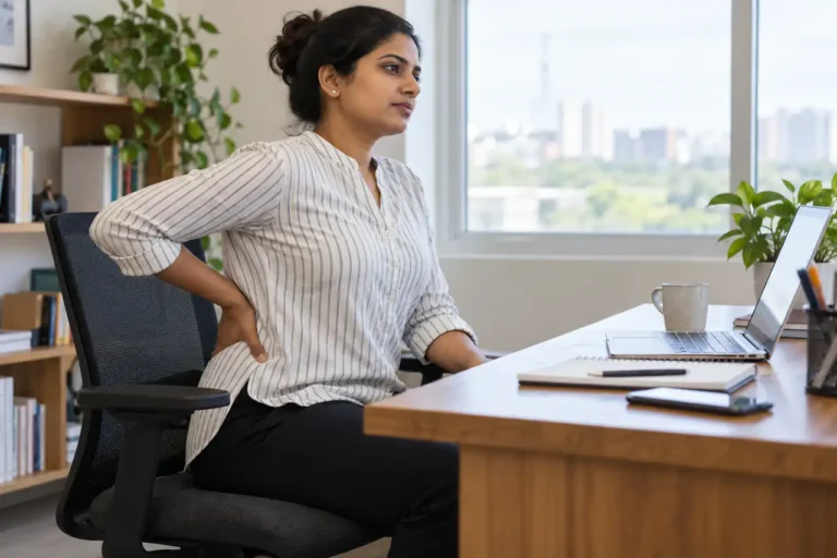 Woman seated at a desk with her hand resting on her lower back
