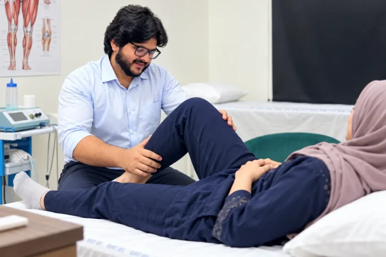 Patient discussing painless knee clicking with a WHPT Pakistan physiotherapist