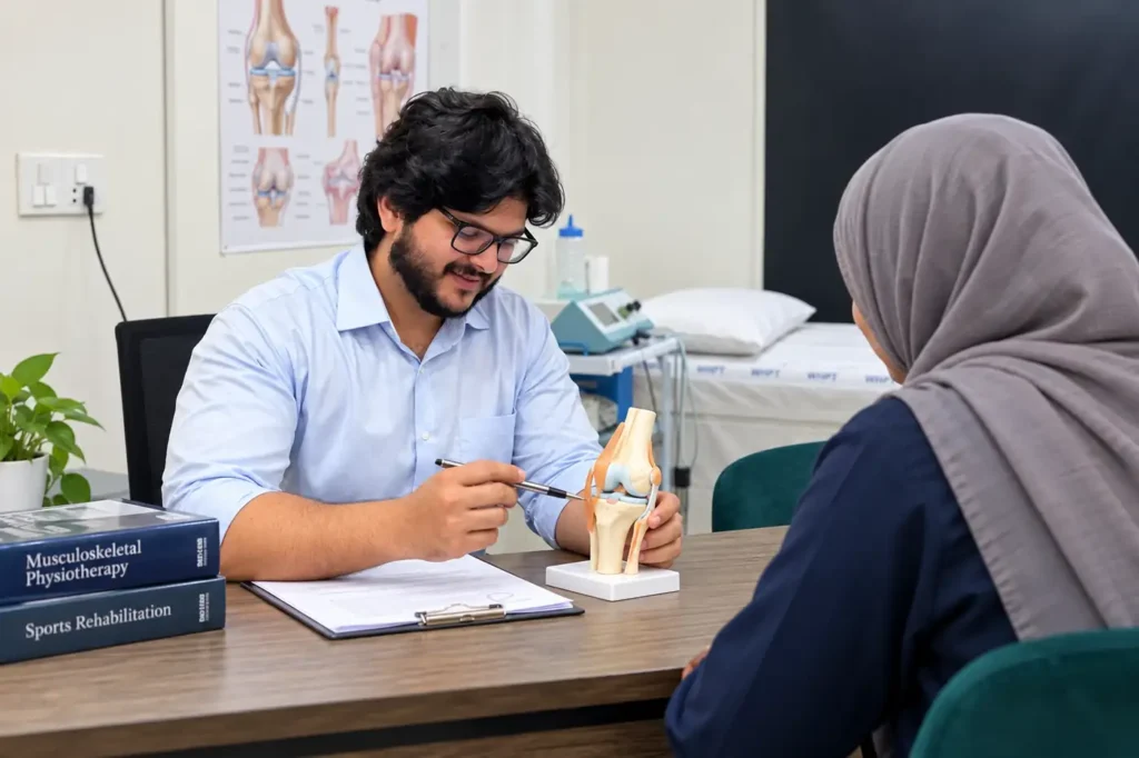 WHPT Pakistan physiotherapist discussing recurring knee pain with a patient
