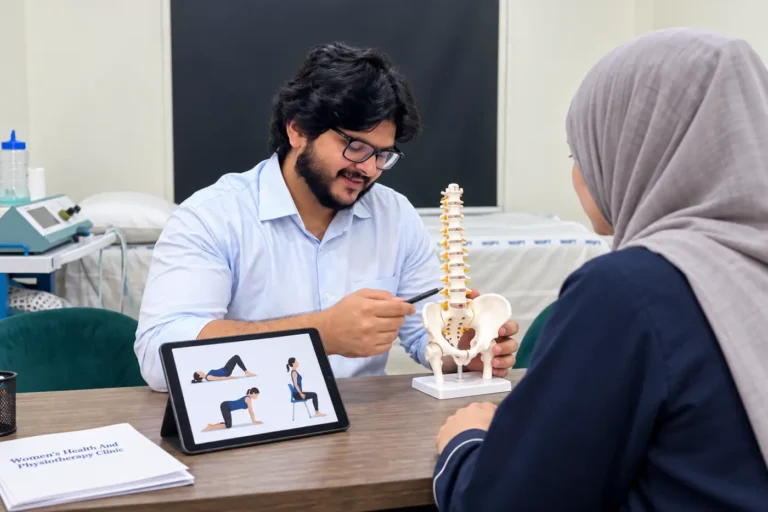 WHPT Pakistan physiotherapist guiding a patient on safe movement with knee pain
