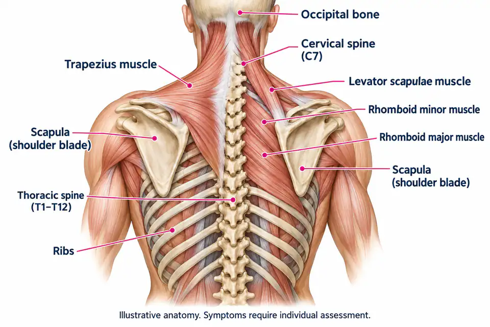 Thoracic anatomy illustration showing spine, ribs, shoulder blades and neck
