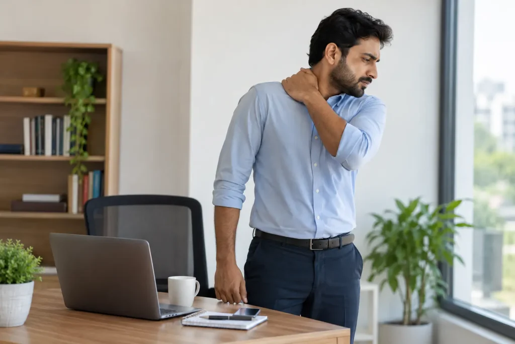 Adult beside an office desk indicating discomfort in the upper back